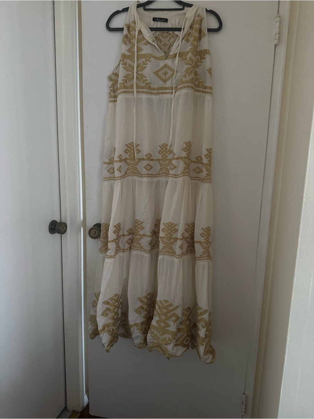 White Boho Embroidered Cotton Tunic with Gold Print